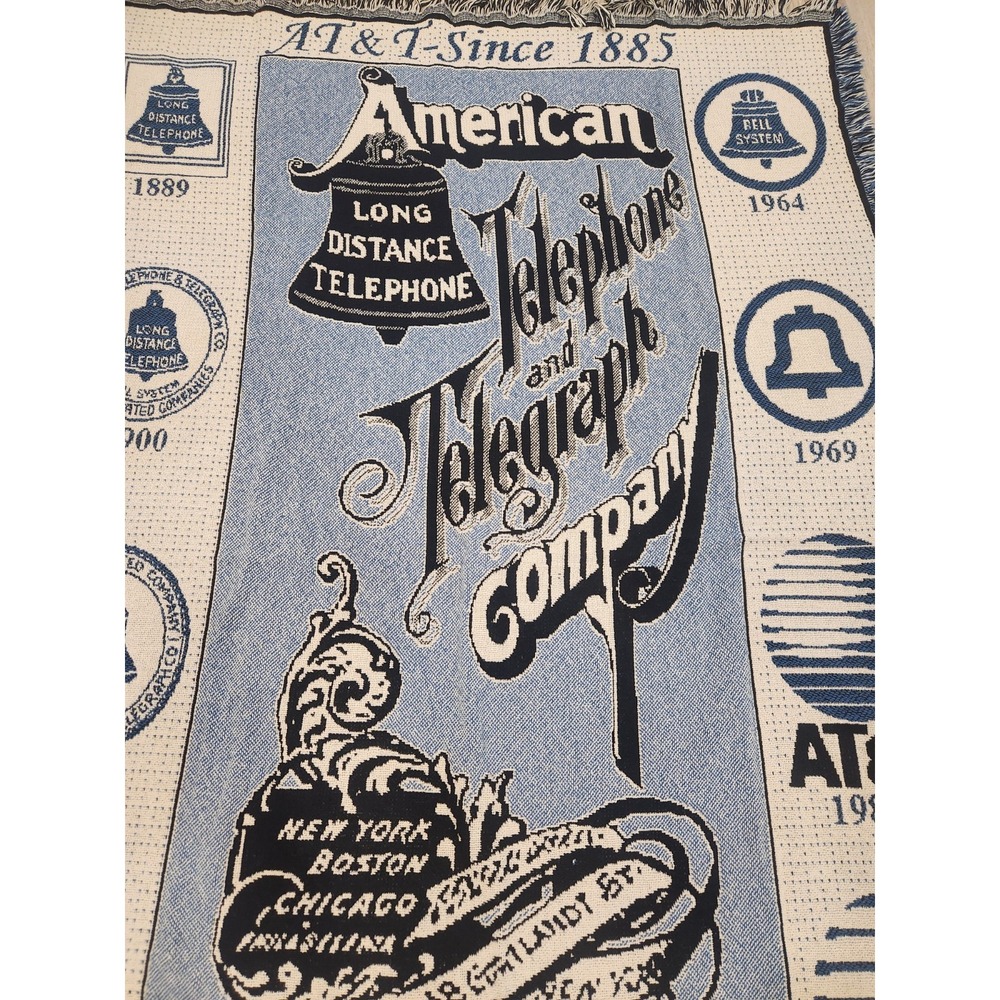Vintage Tapestry Throw Blanket AT&T Telephone Phone Timeline Blue Cream 70x47" - Picture 3 of 8